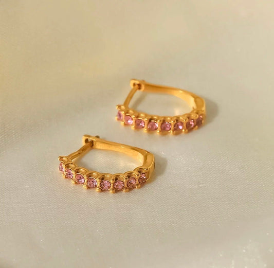 Pink Huggie Hoop Earrings, Water Resistant, 18k Gold Plated