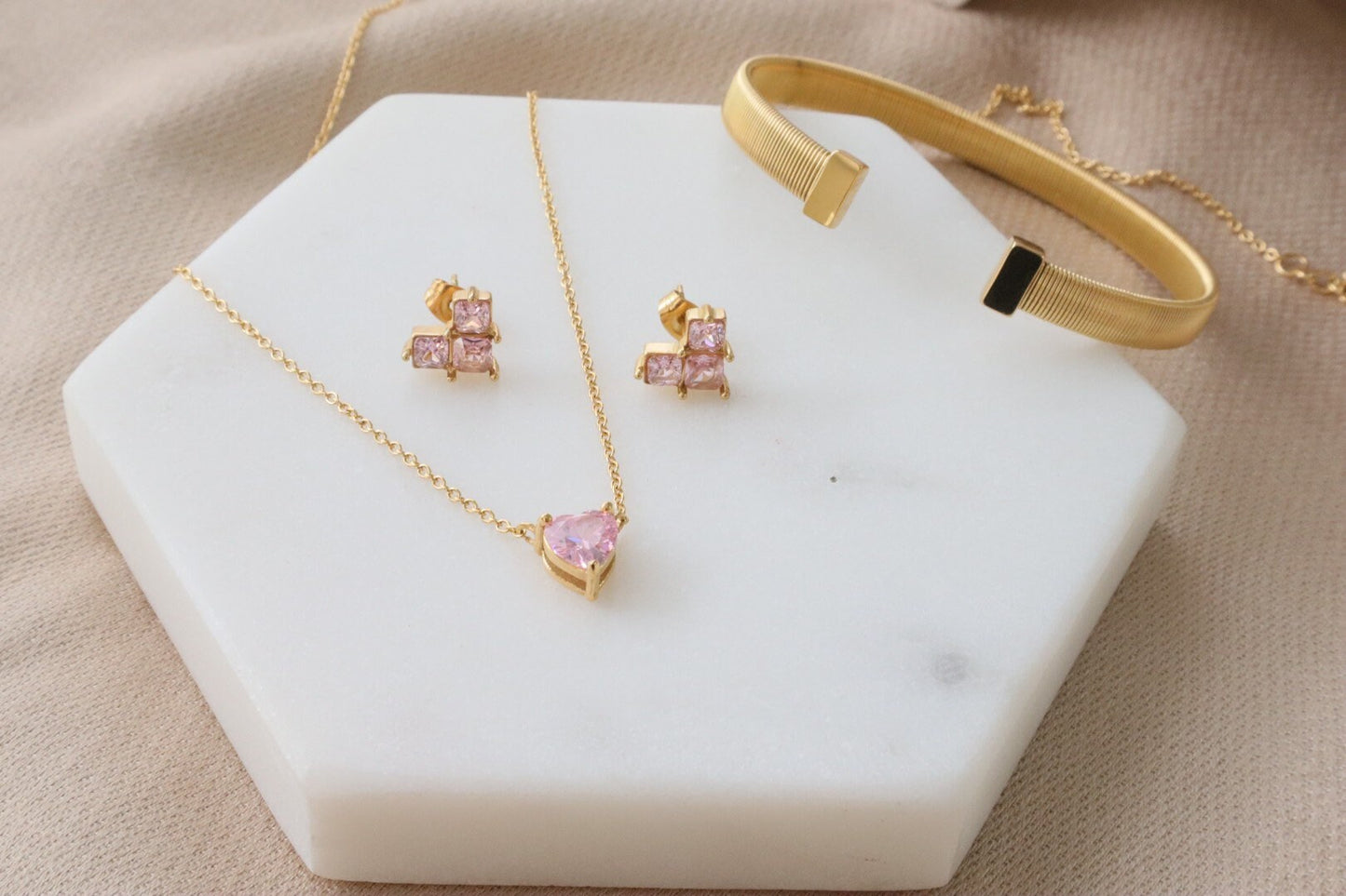 Minimalist Pink Heart Necklace and Earrings  / Water Resistant/ 18k Gold Plated / Gift for any Occasion/ Tarnish-Free