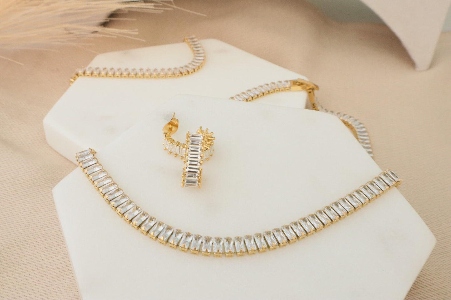 18K Gold Tennis Baguette Necklace/  Stainless Steel / Gift For Her/ Tarnish-Free/ Water Resistant