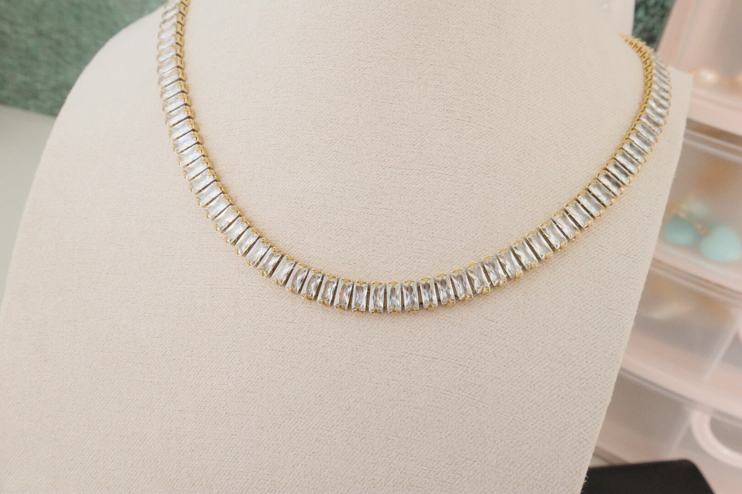 18K Gold Tennis Baguette Necklace/  Stainless Steel / Gift For Her/ Tarnish-Free/ Water Resistant