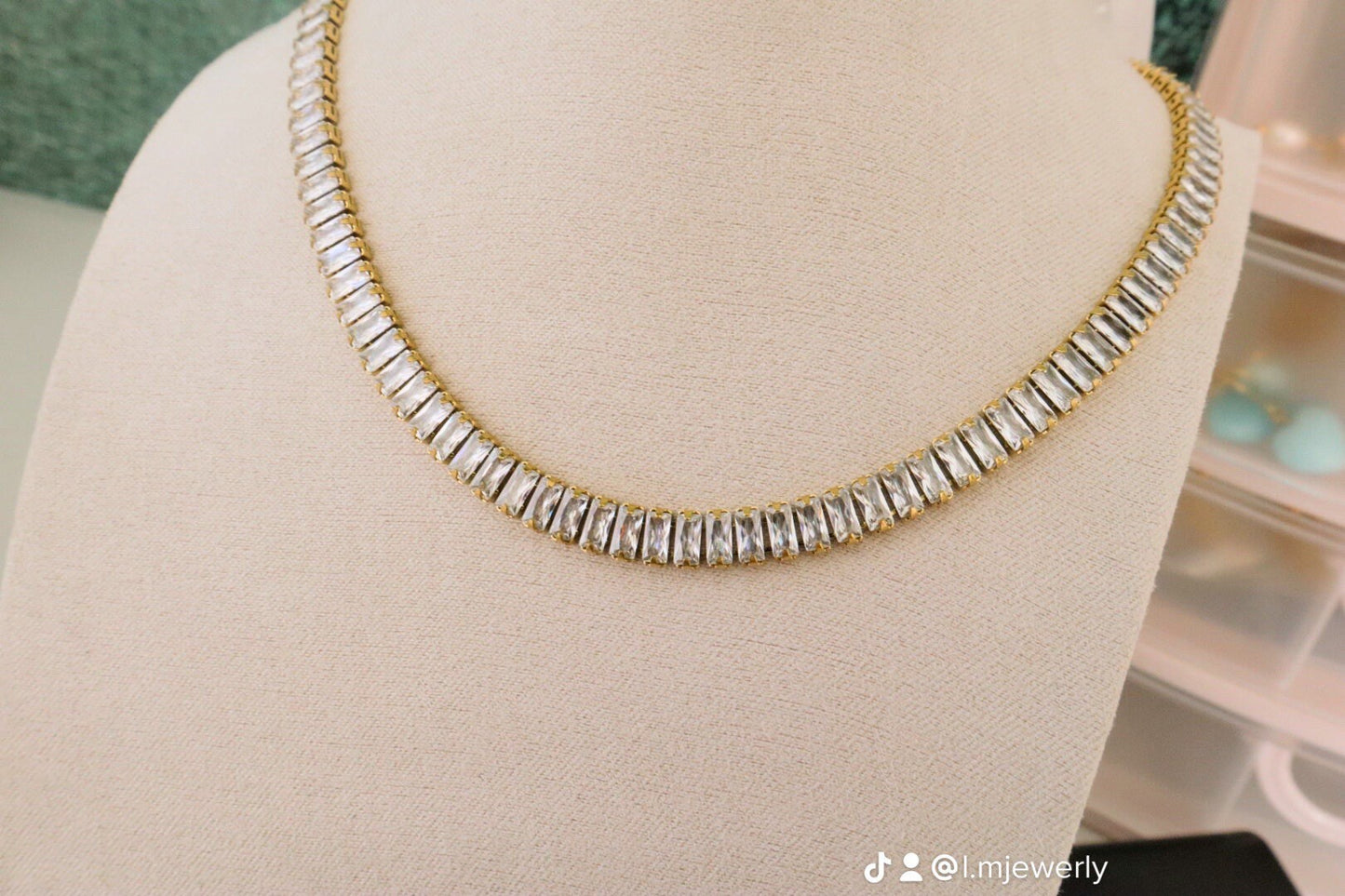 18K Gold Tennis Baguette Necklace/  Stainless Steel / Gift For Her/ Tarnish-Free/ Water Resistant