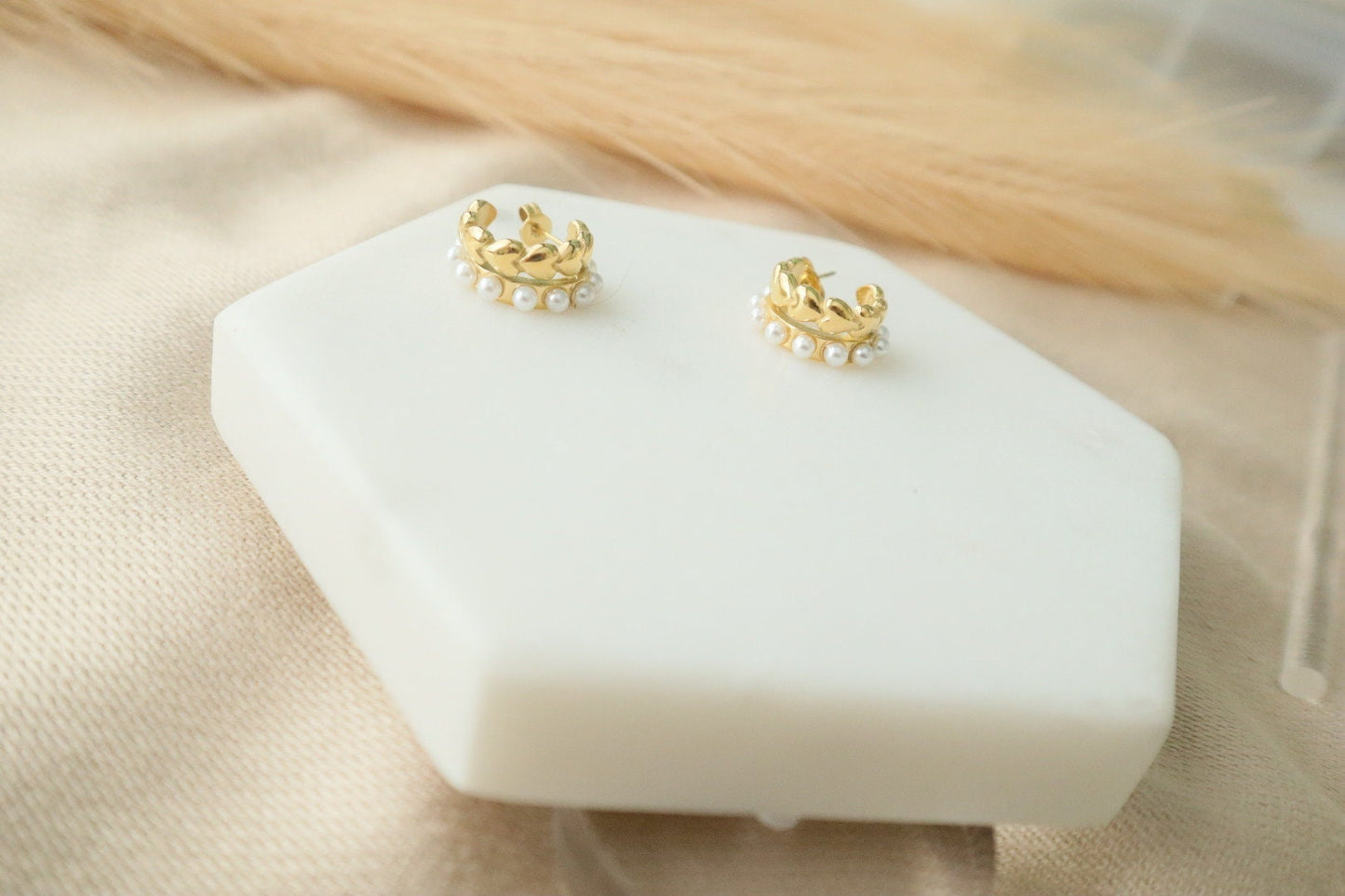 Heart and Pearls Hoop Earrings , Water Resistant, 18k Gold Plated, Gift for Her, Everyday Wear, Statement Earrings