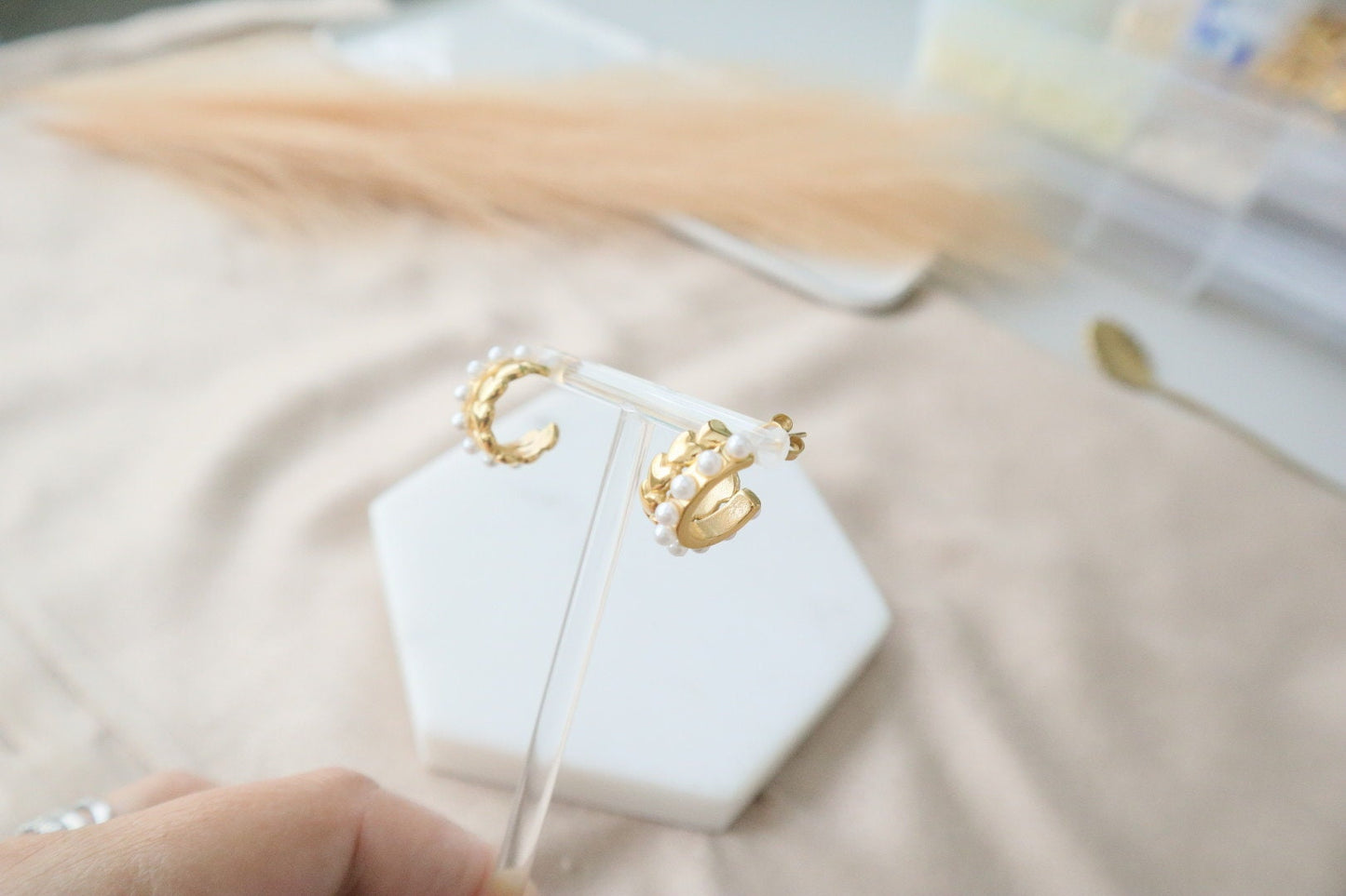 Heart and Pearls Hoop Earrings , Water Resistant, 18k Gold Plated, Gift for Her, Everyday Wear, Statement Earrings