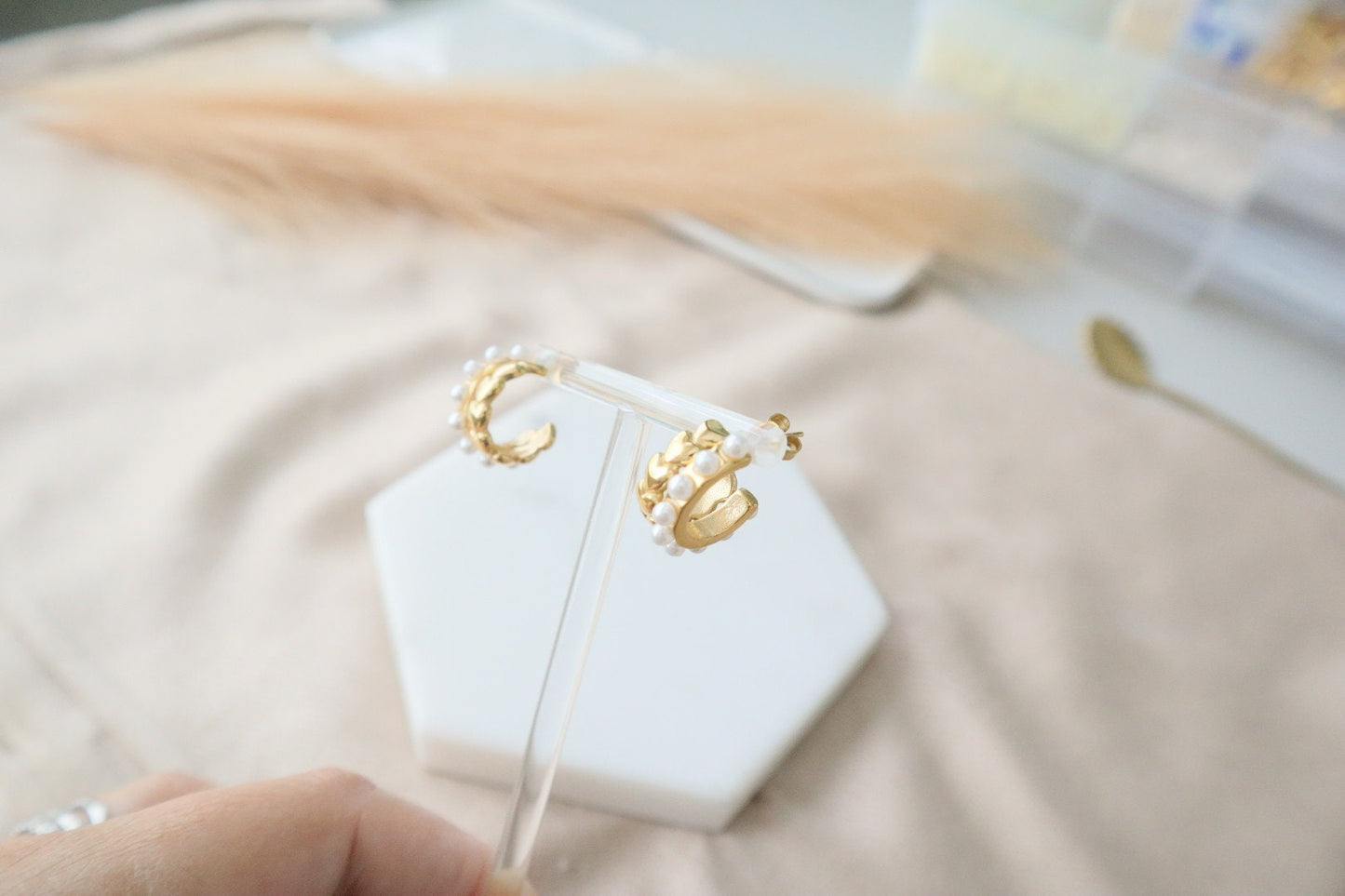 Heart and Pearls Hoop Earrings , Water Resistant, 18k Gold Plated, Gift for Her, Everyday Wear, Statement Earrings