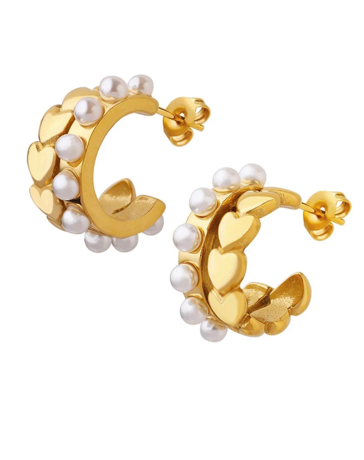 Heart and Pearls Hoop Earrings , Water Resistant, 18k Gold Plated, Gift for Her, Everyday Wear, Statement Earrings