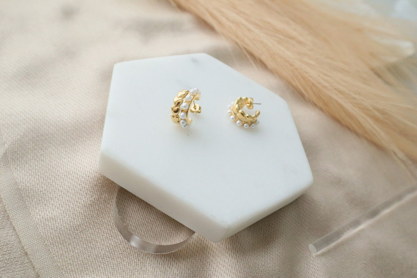 Heart and Pearls Hoop Earrings , Water Resistant, 18k Gold Plated, Gift for Her, Everyday Wear, Statement Earrings