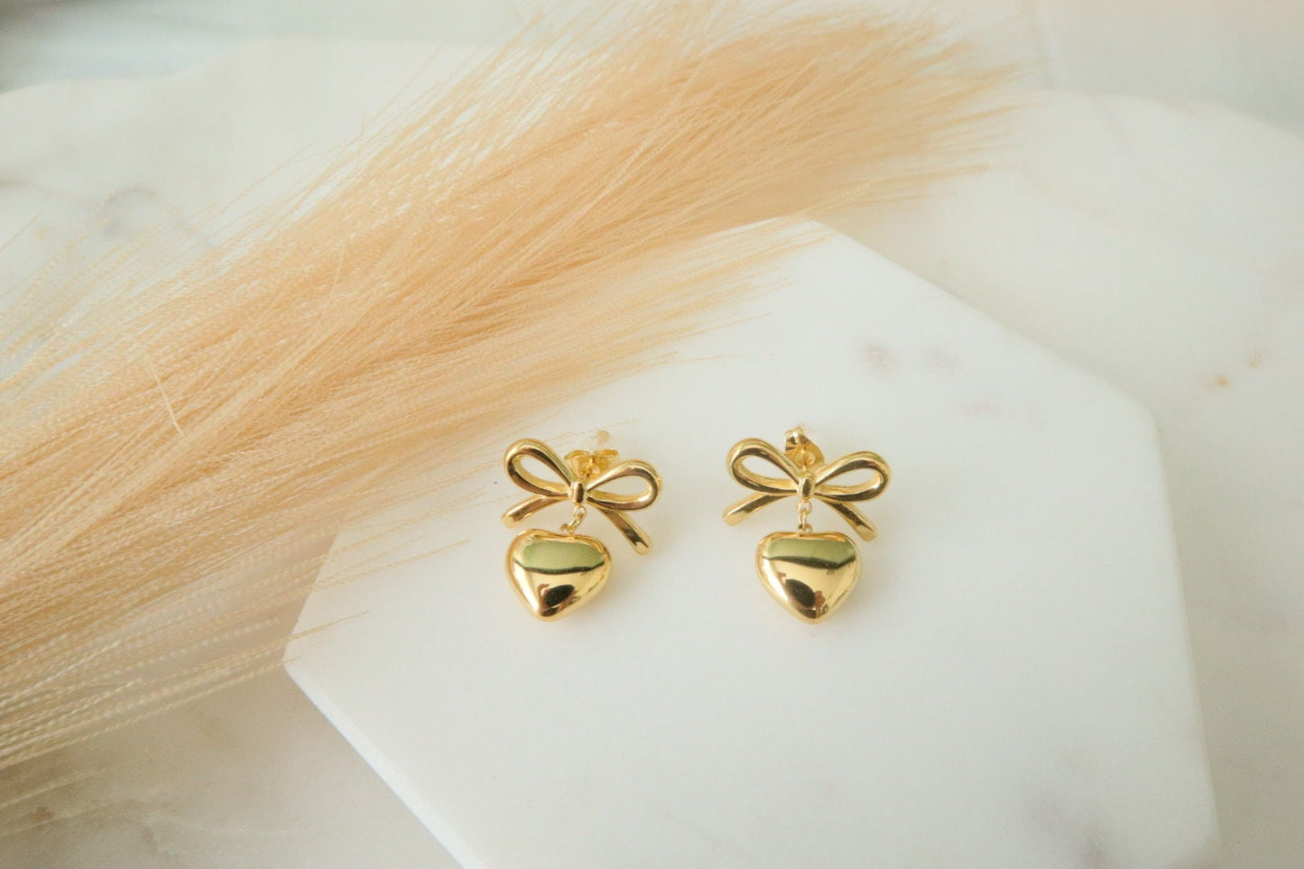 Bow Heart Earrings, Heart stud earrings, Charm Earrings , Tarnish Free Earrings , Coquette Style, Gold Bow Earrings, Gold Stud Earrings